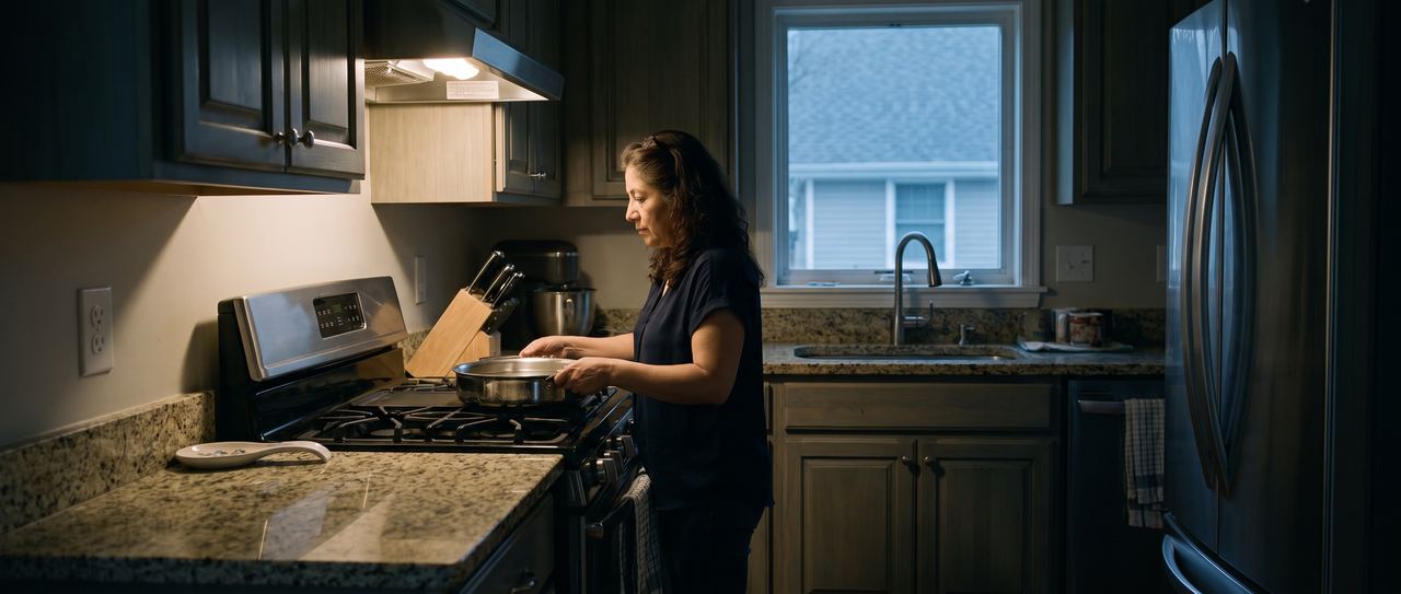 A woman setting a pan of water on a stove in an American kitchen